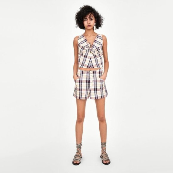 NWOT Zara checkered plaid crop top with knot bow & keyhole detail, S - Picture 2 of 14